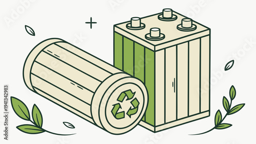 An eco-friendly conceptual vector illustration of batteries with recycling symbols surrounded by leaves
