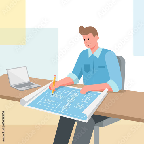 Architect working on blueprints at desk with laptop.