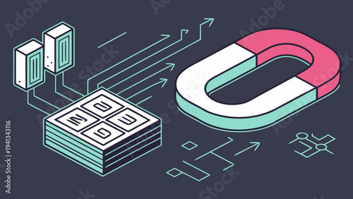 A 3D isometric vector illustration of a magnet attracting data from a database server