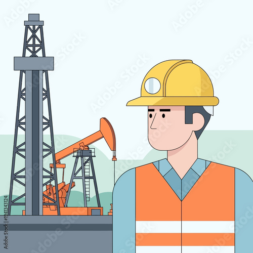 Oil worker at drilling site with pumpjack.