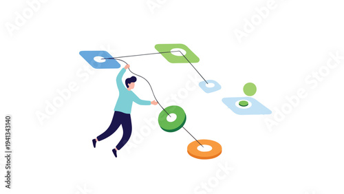 A cartoon man interacts with floating colorful shapes and icons in a white space.