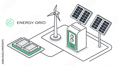 Renewable Energy Grid System with Solar Panels and Wind Turbine