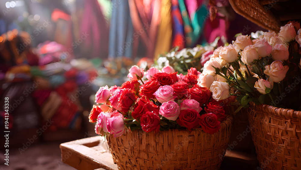 Obraz premium A marketplace setting with fresh roses arranged for sale, emphasizing floral decoration