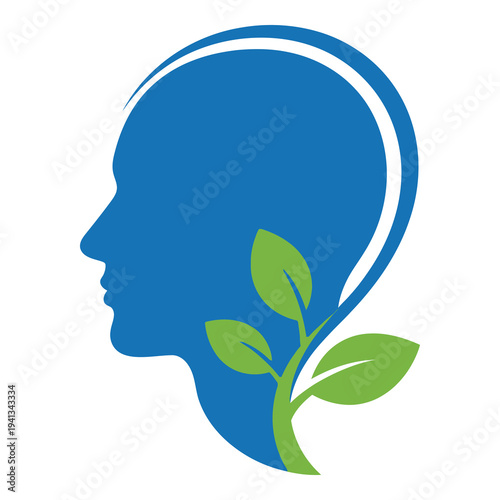 Blue silhouette of human head with green plant growing out of it symbolizing growth icon
