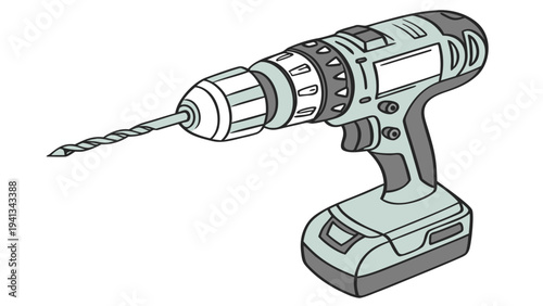 A sophisticated vector illustration of a cordless drill with a drill bit in action from a slightly elevated viewpoint