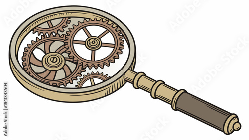 A magnifying glass with intricate gears inside, symbolizing detailed examination and analysis, represented as a vector icon