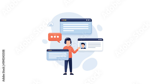 Illustration of a man presenting web browser windows with chat bubbles on a white background with a minimalist style and a professional mood.