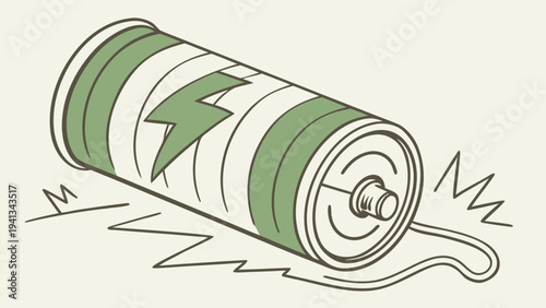 A whimsical vector illustration of a cylindrical battery with a lightning bolt symbol on its side, surrounded by energetic sparks