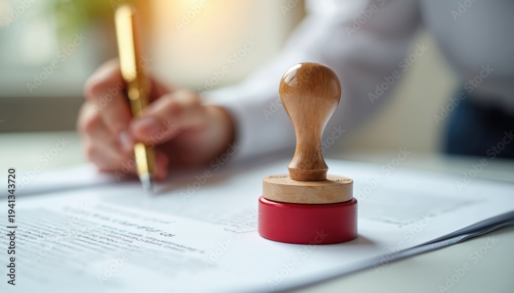 Fototapeta premium Hand with pen signs legal paper near red rubber stamp. Official document signing process, business agreement or contract. Businessperson completes paperwork with notary approval.