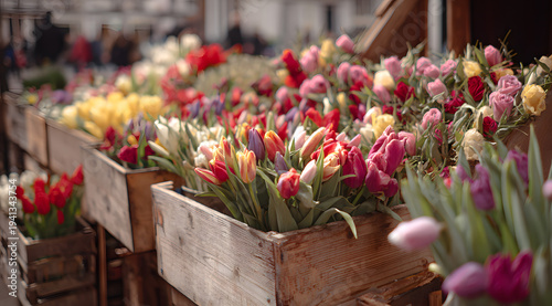 March 8th: Flower market display with fresh tulips and roses in rustic wooden crates. Spring street scene for International Women's Day celebration and gifting concept.