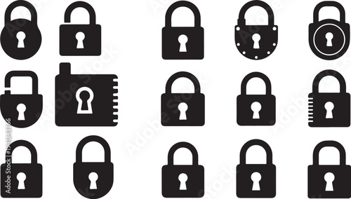 Various black padlock icons on a white background image