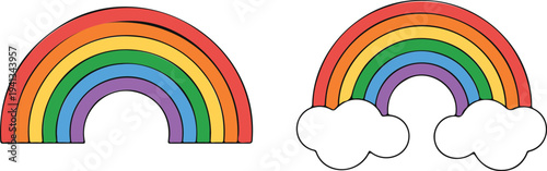 Simple and Colorful Vector Illustration Set of Rainbows and Clouds on Blue Background Symbolizing Hope, Diversity, Weather, and Cheerful Natural Phenomena