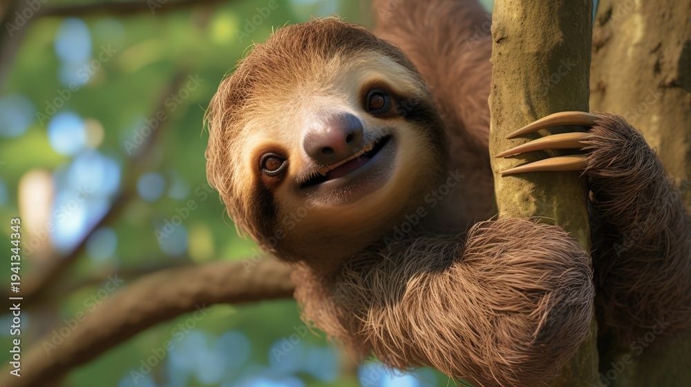 Obraz premium Curious Smiling Sloth Clinging to a Sunlit Tropical Tree Branch in Lush Rainforest