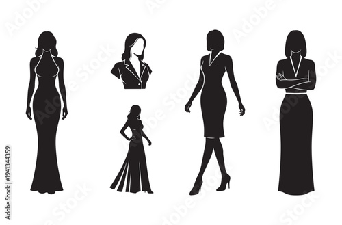 Woman silhouette collection featuring elegant fashion models in evening gowns and professional attire standing in diverse poses for design elements and creative projects on gray background