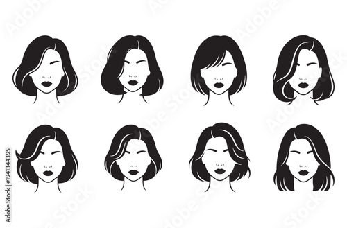 Woman face avatar set with different bob hairstyles showing front view portraits of female characters with short hair and diverse bangs for profile pictures and social media graphics.