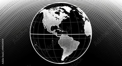Stylized black and white globe of the Americas with a radiating concentric line background