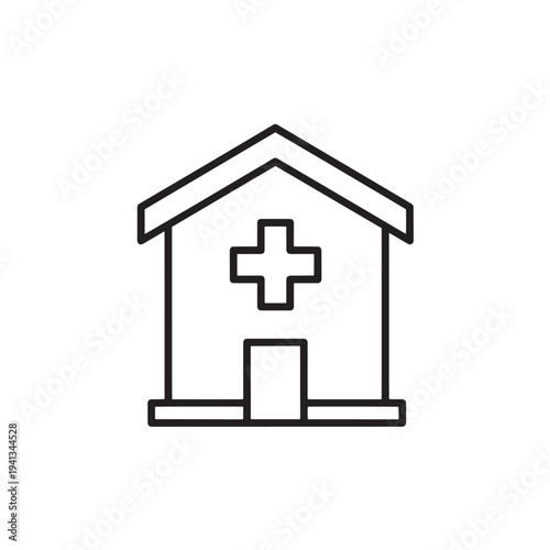 Medical clinic building icon with cross symbol. Minimalist line art for healthcare pharmacy and hospital signage.