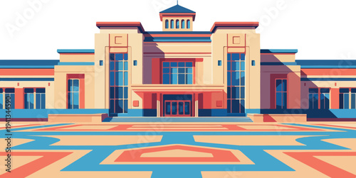 Modern office building vector illustration with geometric courtyard design