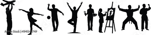 Diverse collection of people silhouettes engaging in various hobbies like yoga, painting, martial arts, dancing, and sports cad drawing flat vector illustration