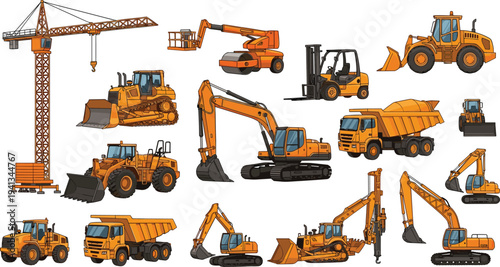 Large construction machinery collection featuring excavators, bulldozers, cranes, loaders, forklifts and dump trucks for engineering, mining and building industry isolated on white background