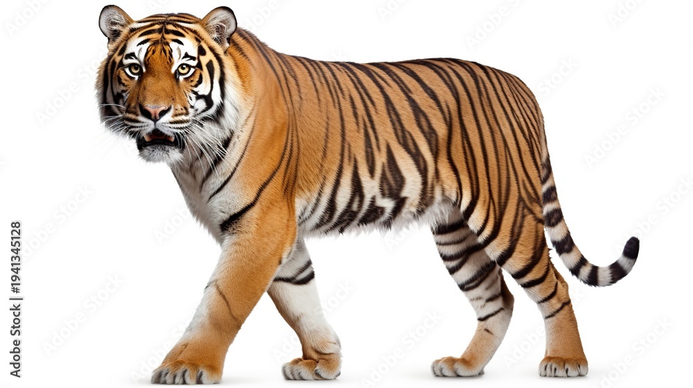 Obraz premium Elegant Bengal tiger strolling gracefully with distinctive orange fur and bold black stripes against a white studio backdrop