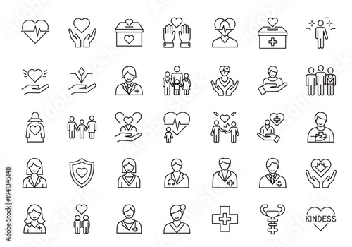Love Care and Charity Line Icons Set – Helping Hands, Kindness, Donation and Community Support Outline Vector Collection