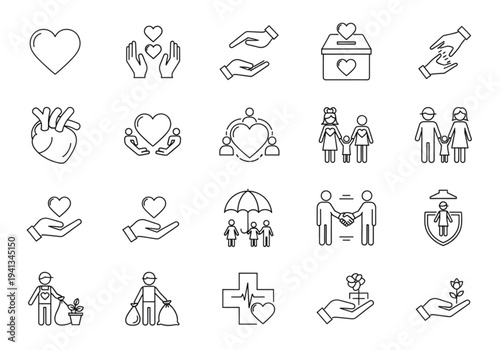 Love Care and Charity Line Icons Set – Helping Hands, Kindness, Donation and Community Support Outline Vector Collection