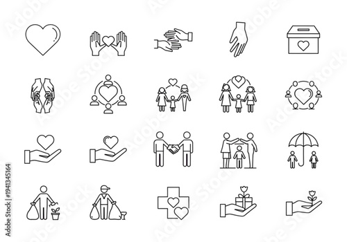 Love Care and Charity Line Icons Set – Helping Hands, Kindness, Donation and Community Support Outline Vector Collection