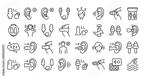 Hearing Protection Icon Set: Outline Symbols for Earplugs and Noise Reduction