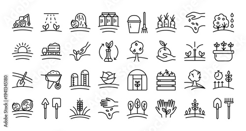 Agriculture and Gardening Icon Set: Outline Vectors for Landscape Design and Farm Branding