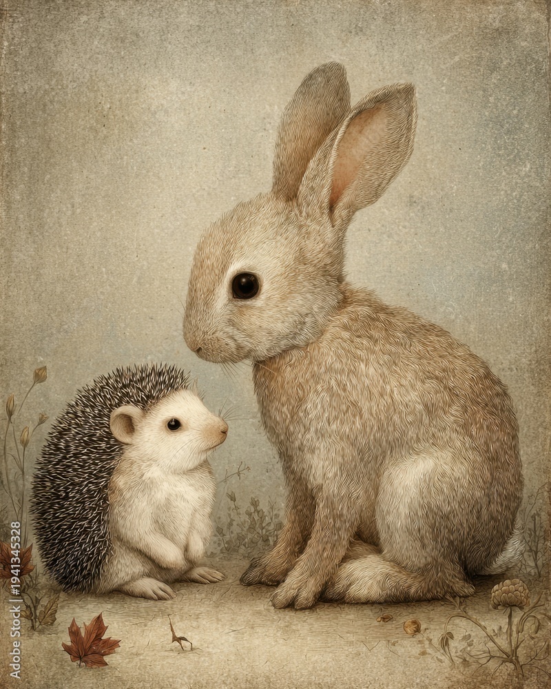 Fototapeta premium Vintage Rabbit And Hedgehog Woodland Illustration On Antique Natural Paper