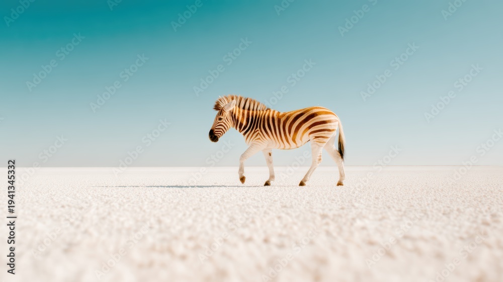 Naklejka premium A solitary zebra strides confidently across a vast sandy landscape, its distinctive stripes showcasing nature's artistry and unique beauty in the wild.