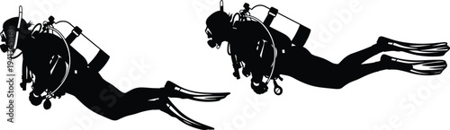 Scuba diver silhouette set swimming underwater with oxygen tank, fins and diving equipment, professional underwater exploration and marine adventure isolated on white background