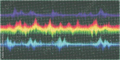 A high-tech medical monitor displays a glowing sound wave on a black background, illustrating a healthy heartbeat pulse through a digital EKG cardiogram line and frequency graph