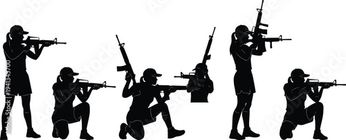 Silhouette set of female soldiers aiming rifles in different shooting positions, tactical military training poses isolated on white background, women in combat concept