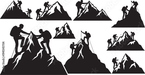 Climbers Helping Each Other on Mountain Peaks Silhouette Set