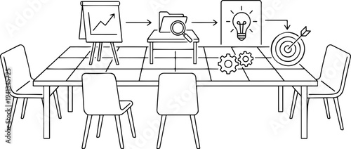 Minimalist line art vector of business meeting table with strategy, data analysis, idea, and target workflow