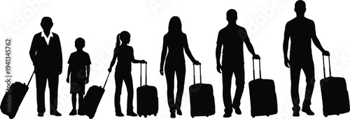 Group of diverse people silhouettes standing with luggage and suitcases in a row for travel, tourism, vacation, and airport departure
