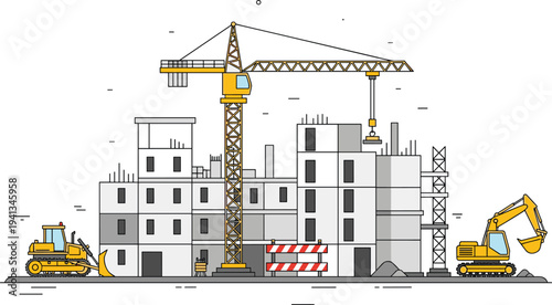 Urban building construction site illustration with tower crane, excavator and bulldozer working on multi story structure development isolated on white background