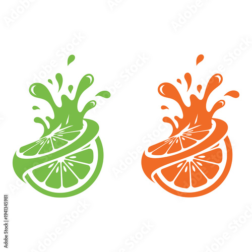 Green and orange citrus fruit slices with splashes  juice and food icon