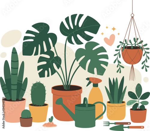 Flat vector illustration of indoor houseplants in colorful pots with monstera snake plant watering can and gardening tools on black background
