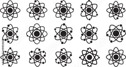 Black and white atomic structure symbols in rows pattern