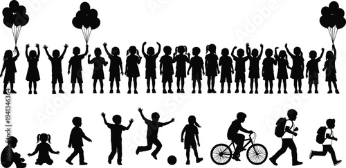 Large collection of happy children silhouettes playing, standing with balloons, riding bikes, and running cad drawing flat vector illustration for kids