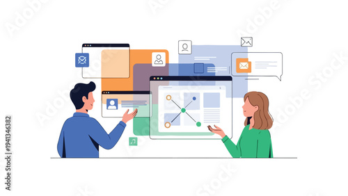 Two professionals collaborating on a digital graph in a modern workspace with various screens and icons.