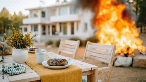 An outdoor dining setup contrasts dramatically with a large fire blazing in the background, showcasing a blend of leisure and unexpected chaos in the environment.