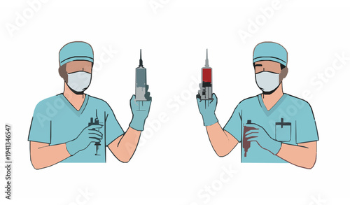 Medical workers with syringes showing vaccine injection and blood collection healthcare vector illustration