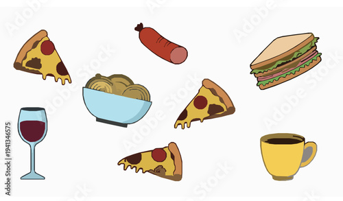 Hand drawn food doodle collection with pizza pasta sausage sandwich wine coffee and sparkle