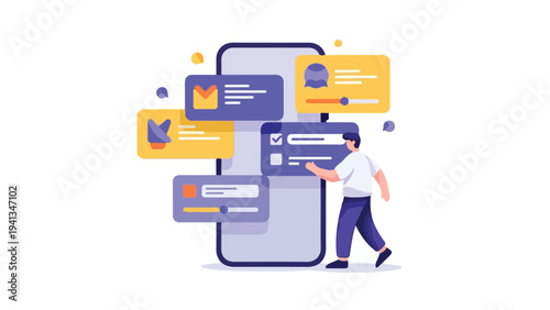 A man interacts with a large smartphone surrounded by floating message bubbles on a white background with a modern graphic design.