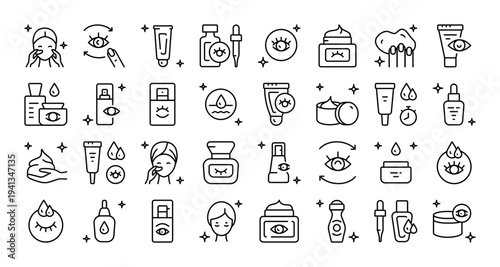 Eye Creams and Under Eye Care Icon Set: Outline Vectors for Cosmetic Packaging and Beauty Apps