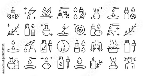 Essential Oils Icon Set: Large Collection of Outline Vectors for Aromatherapy and Natural Remedies